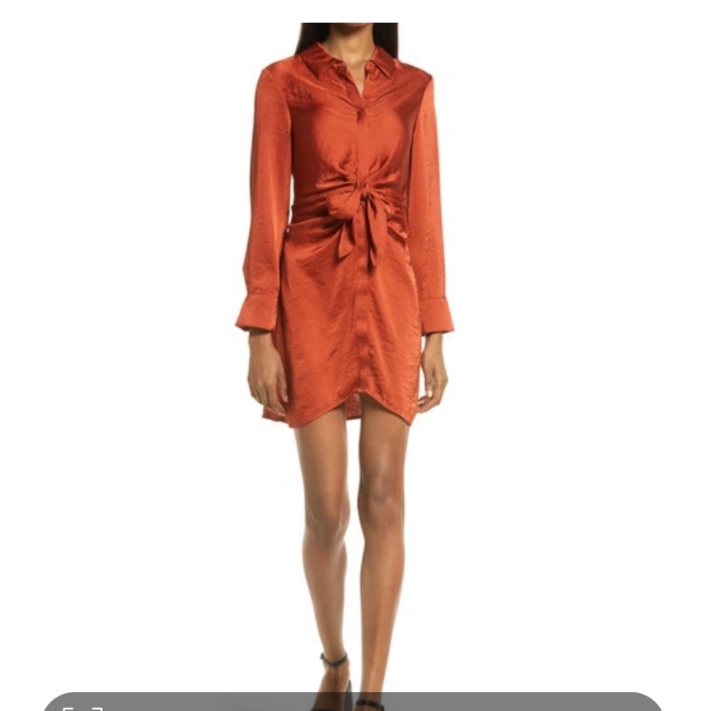 Tie Waist Long Sleeve Satin Shirtdress